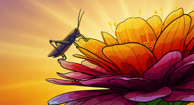 Grasshopper perched on vibrant flower petals against a sunburst background. Stylized illustration with bright orange and purple blooms. Nature concept, ideal for educational and spring marketing.