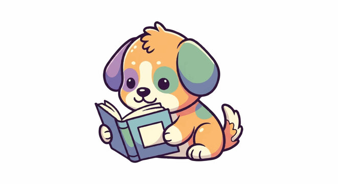 Adorable colorful cartoon puppy sitting and reading a book.