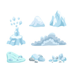 Winter arctic elements with icebergs, snow mountains, ice crystals, and frozen rocks flat vector. © ImamSetia