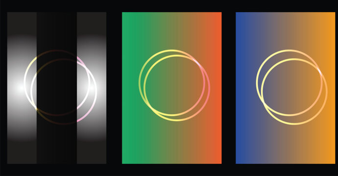 Glowing double ring outlines on varied vertical gradient backgrounds in three panels with gradient vertical abstract