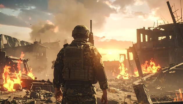 A soldier stands amidst a desolate, war-torn landscape