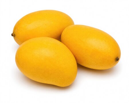 Three smooth, golden-yellow mangoes on white background