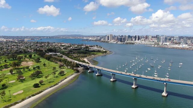 Aerial Drone View Of Coronado Bridge With San Diego Skyline