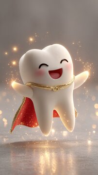 Cute smiling tooth character with a red cape and sparkles