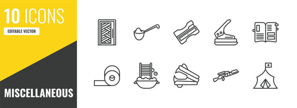 miscellaneous outline icon set. 10 linear vector for ui, web and mobile. thin line room door, measuring spoon, sharpen icons.