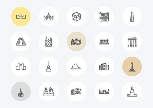 monuments outline icon set. linear vector for ui, web and mobile. thin line badshahi mosque, maya pyramid, medieval walls in avila icons.