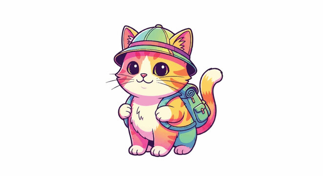 Cute colorful cartoon cat wearing a hat and backpack for an adventure.