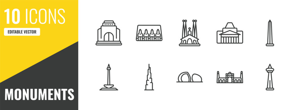 monuments outline icon set. 10 linear vector for ui, web and mobile. thin line monument site, abu simbel, spain icons.