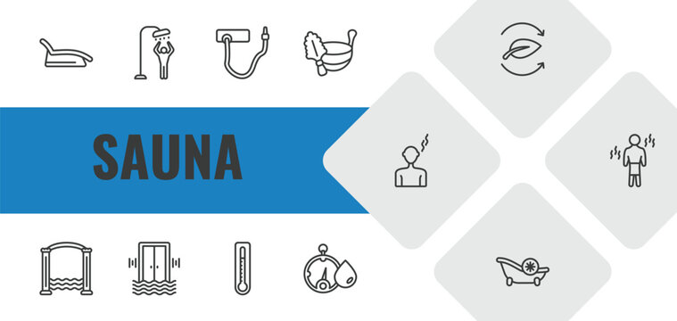 sauna outline icon set. linear vector for ui, web and mobile. thin line tepidarium, dousing shower, kneipp hose icons.