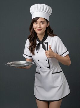 Smiling Female Chef Holding Tray and Giving Thumbs Up
