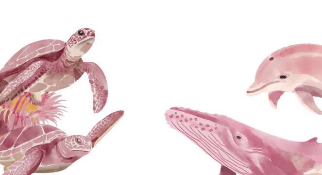Pink Ocean Marine Animal Frame Border with Whale Turtle Dolphin Watercolor Illustration for Underwater Sea Clipart Bundle