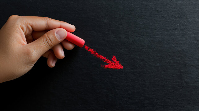 Focused hand uses red chalk drawing downward arrow on blackboard showing negative business concept and pessimistic financial decline