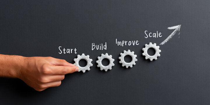 Focused businessman hand moving gear on blackboard showing business process management strategy for growth success improvement and scale