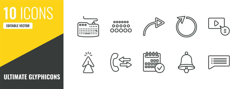 ultimate glyphicons outline icon set. 10 linear vector for ui, web and mobile. thin line computer keyboard, big and small dots, turn right icons.