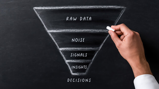 Focused analytical businessman hand holding chalk drawing data funnel diagram on blackboard filtering raw noise to signal insight decision