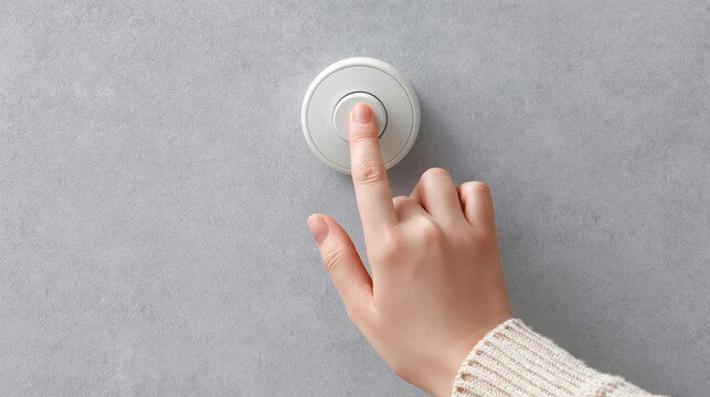 Confident hand pressing button on white smart home thermostat button pressing against textured gray wall