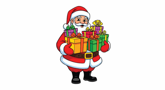 Jolly Santa Claus holding a large stack of colorful Christmas presents.