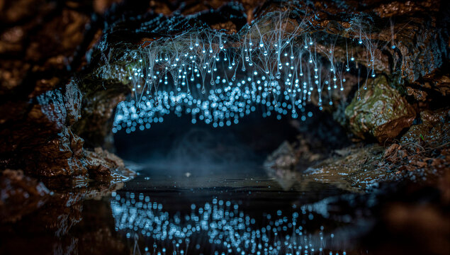 Enchanting Bioluminescent Glowworms Illuminate a Dark Cave with Their Shimmering Light, Creating Magical Reflections on Still Water