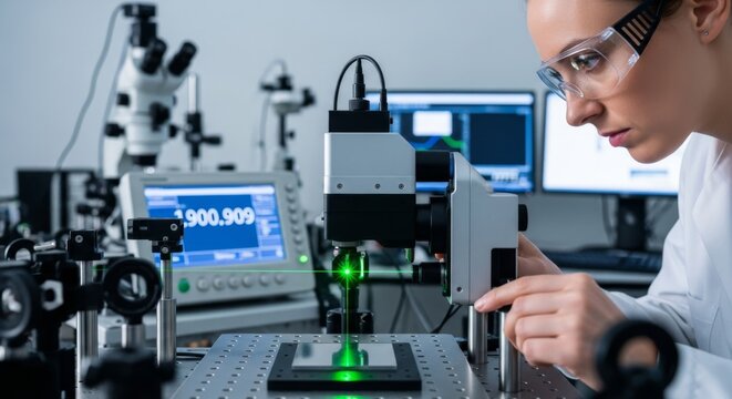 Scientist operating laser interferometer in laboratory