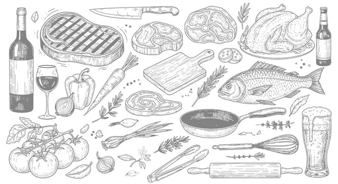A detailed sketch of various food items and kitchen utensils, including grilled steak, whole chicken, fresh fish, vegetables, wine, beer, and cooking tools, arr