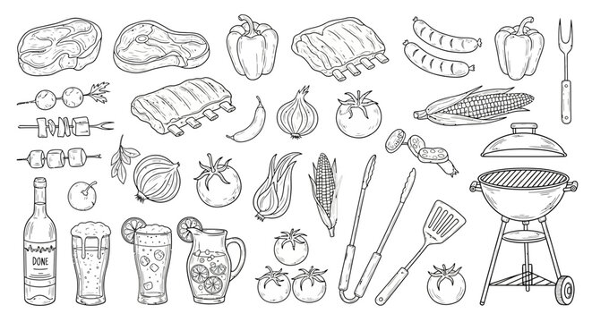 Hand drawn sketch set of barbecue food and grilling tools.