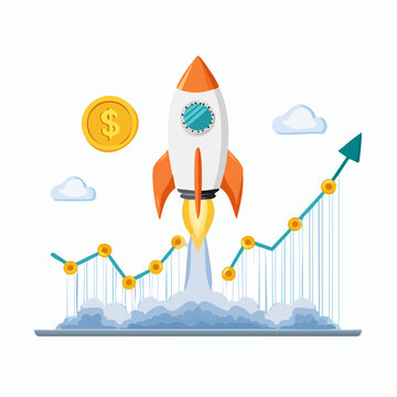 Rakieta startująca nad rosnącym wykresem &ndash; szybki wzrost biznesu, zyski, rozw&oacute;j startupu i sukces finansowy.