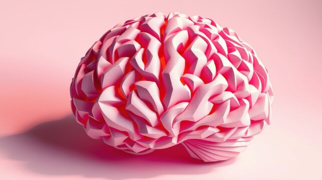 Pink brain illustration. Complex folds suggest intelligence, thought processes. Soft lighting creates subtle shadow, smooth texture. Minimalist aesthetic.