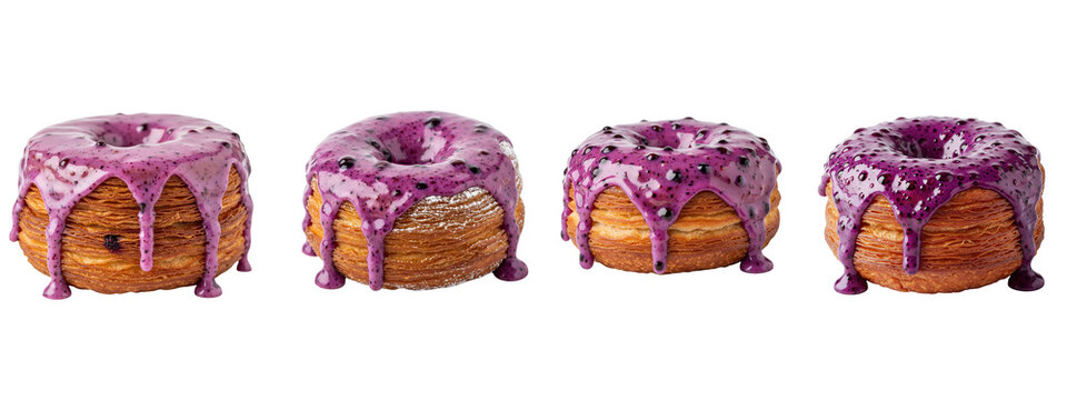 Four flaky cronuts with dripping purple blueberry glaze on black background