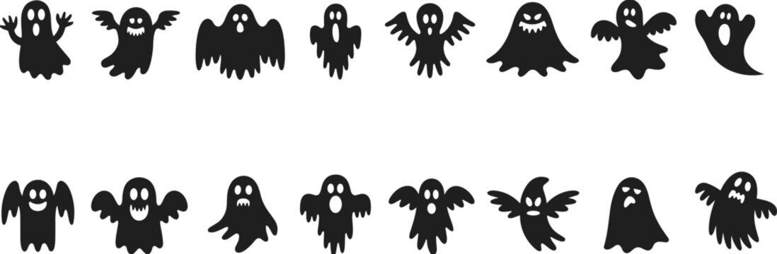 Array of black silhouette illustrations of friendly and spooky ghosts in various poses and expressions for Halloween