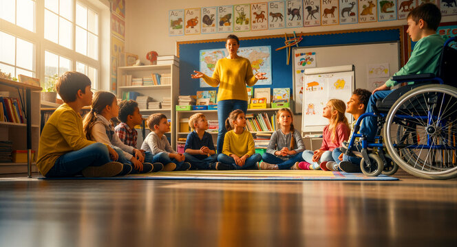 Diverse children on a rug listening to a teacher in class. Inclusive education setting with a student in a wheelchair. Concepts for childhood development and educational marketing.