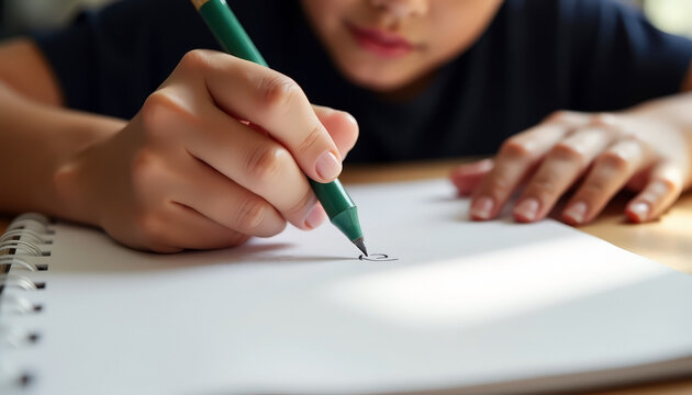 girl holding green pen practicing writing on blank paper while sitting at desk in classroom environment