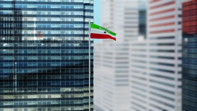 Somaliland Flag 3D Render Animation on Pole with Modern City Buildings - Shallow Depth of Field, Daytime View