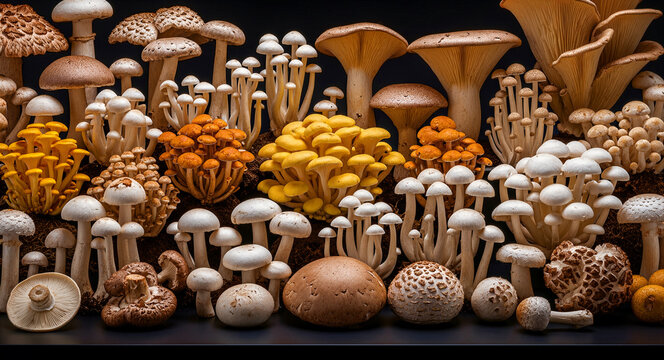 Diverse collection of fresh mushrooms growing on dark soil. Variety includes species like shiitake, oyster, and enoki mushrooms. Natural forest harvest concept ideal for culinary and gourmet blogs.
