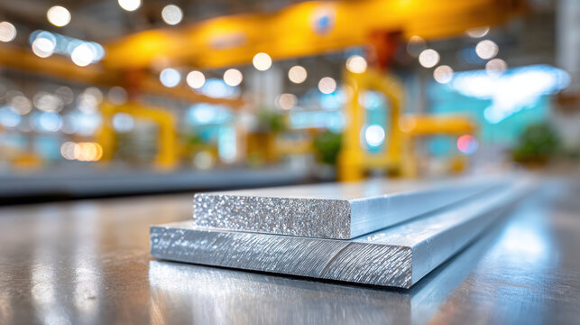 Aluminum metal sheets stacked with spacers in an industrial workshop for manufacturing background and production banner design
