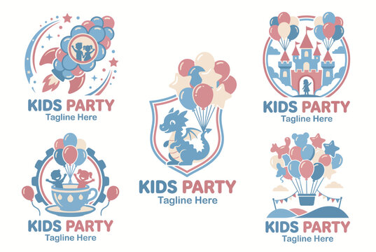 An engaging logo design for kids' parties, featuring balloons and playful elements like a dragon, perfect for celebrations and birthday events.