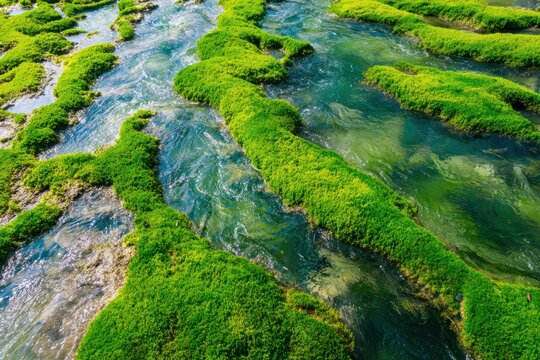 川の苔むした岩の上を流れる緑色の水