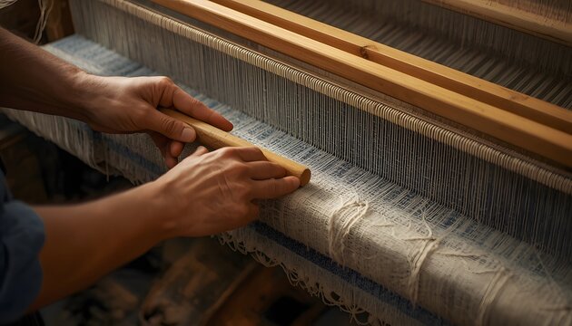 Traditional weaving process with artisan hands using a wooden shuttle on a textile loom in a modern digital illustration for handicraft marketing