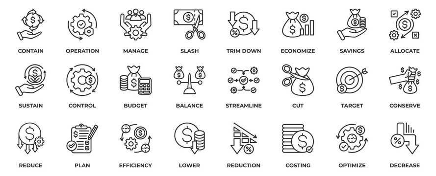 Cost Reduction icon set collection in Outline style, an icon pack contain cost, reduction, finance, saving, budget, limit, economy, target, optimize, efficiency, plan and more. Vector Illustration.