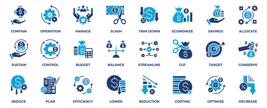 Cost Reduction icon set collection in Flat blue style, an icon pack contain cost, reduction, finance, saving, budget, limit, economy, target, optimize, efficiency, plan and more. Vector Illustration.