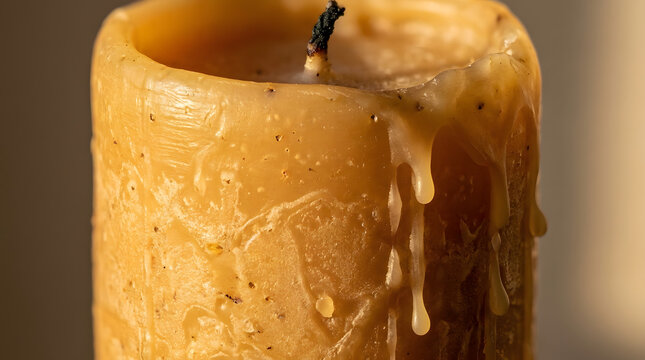Close-up of a textured, amber-colored pillar candle with melted wax dripping down its side, showcasing the warm, cozy ambiance and the effects of burning