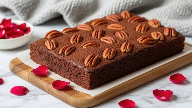 Rectangular chocolate brownie topped with whole pecans and rose petals on a wooden board