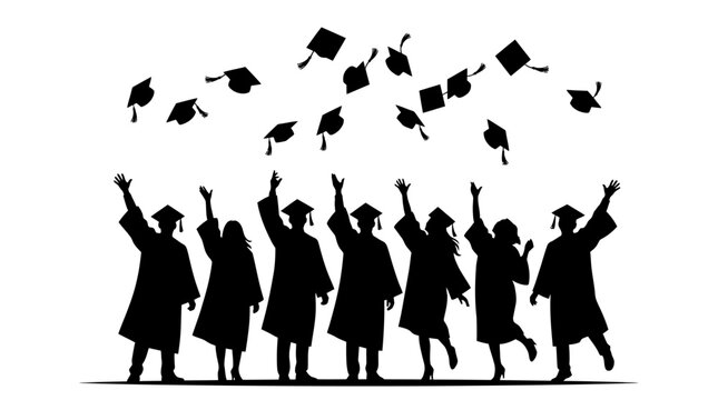 joyful vector illustration of graduates throwing caps in celebration, ideal for educational promotions, graduation cards, and academic marketing materials with a cheerful and triumphant mood