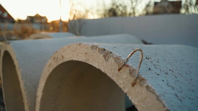 Concrete rings with metal lifting hook at construction site at sunset close-up