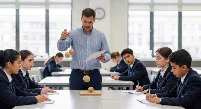 Engaged teacher demonstrating physics principles with suspended spheres to attentive students in a bright classroom.