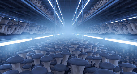 Naklejka premium Rows of mushrooms growing in a high-tech indoor farm under blue LED lighting. Controlled industrial environment for large-scale fungi cultivation. Modern agricultural technology concept.