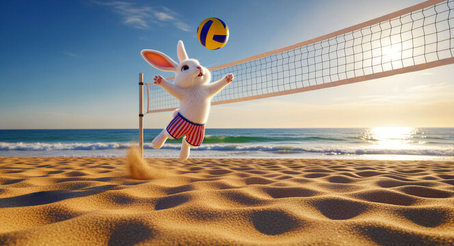 Cute 3D animated rabbit jumping to hit a volleyball over a net on a sunny beach. Fluffy character wearing striped shorts plays in the sand. Playful summer sports concept for seasonal marketing.