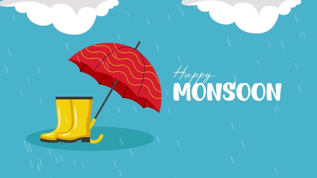 Rain boots beside umbrella during monsoon. Monsoon day concept. Full length Icon animation illustration. High quality&nbsp;4k&nbsp;footage