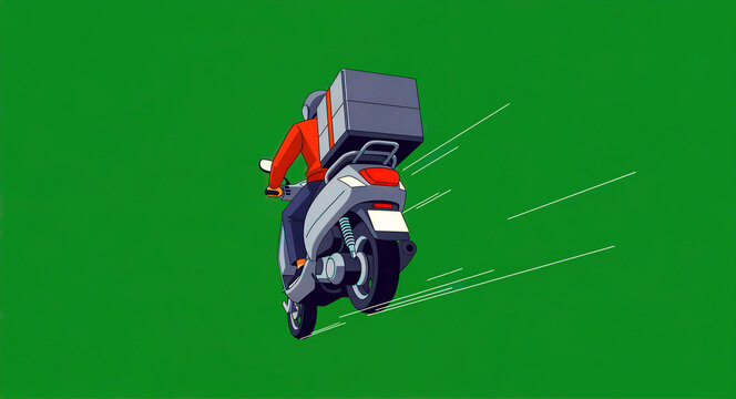 Delivery courier on a scooter riding fast with a thermal box. Animated character on a moped against a green background. Fast logistics concept, ideal for food delivery app marketing.