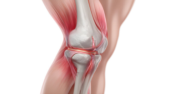 Human knee joint with highlighted plica syndrome medical illustration of inflamed synovial folds