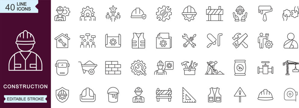 Labor Day construction line icons set with tools workers equipment engineering editable stroke outline vector collection